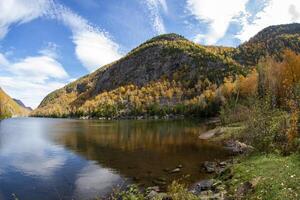 Fall colors in the Adirondacks with reflection in the water photo