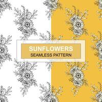 Sunflower Seamless Pattern. Floral Seamless Background. Line Art Flower Seamless Patterns with Greenery. Outline Seamless floral background. Line Drawing Floral Background vector