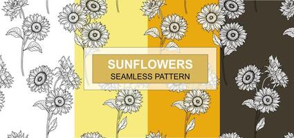 Sunflower Seamless Pattern. Floral Seamless Background. Line Art Flower Seamless Patterns with Greenery. Outline Seamless floral background. Line Drawing Floral Background vector