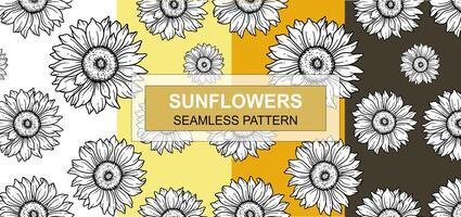 Sunflower Seamless Pattern. Floral Seamless Background. Line Art Flower Seamless Patterns with Greenery. Outline Seamless floral background. Line Drawing Floral Background vector