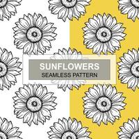 Sunflower Seamless Pattern. Floral Seamless Background. Line Art Flower Seamless Patterns with Greenery. Outline Seamless floral background. Line Drawing Floral Background vector