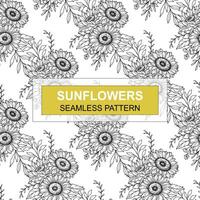 Sunflower Seamless Pattern. Floral Seamless Background. Line Art Flower Seamless Patterns with Greenery. Outline Seamless floral background. Line Drawing Floral Background vector