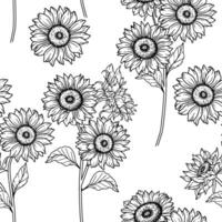 Sunflower Seamless Pattern. Floral Seamless Background. Line Art Flower Seamless Patterns with Greenery. Outline Seamless floral background. Line Drawing Floral Background vector