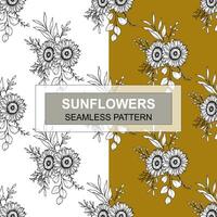 Sunflower Seamless Pattern. Floral Seamless Background. Line Art Flower Seamless Patterns with Greenery. Outline Seamless floral background. Line Drawing Floral Background vector