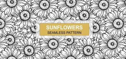 Sunflower Seamless Pattern. Floral Seamless Background. Line Art Flower Seamless Patterns with Greenery. Outline Seamless floral background. Line Drawing Floral Background vector