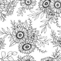 Sunflower Seamless Pattern. Floral Seamless Background. Line Art Flower Seamless Patterns with Greenery. Outline Seamless floral background. Line Drawing Floral Background vector