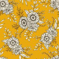 Sunflower Seamless Pattern. Floral Seamless Background. Line Art Flower Seamless Patterns with Greenery. Outline Seamless floral background. Line Drawing Floral Background vector