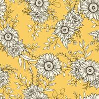 Sunflower Seamless Pattern. Floral Seamless Background. Line Art Flower Seamless Patterns with Greenery. Outline Seamless floral background. Line Drawing Floral Background vector