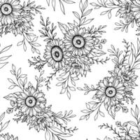 Sunflower Seamless Pattern. Floral Seamless Background. Line Art Flower Seamless Patterns with Greenery. Outline Seamless floral background. Line Drawing Floral Background vector