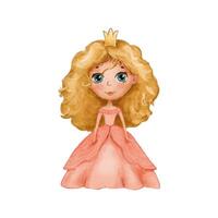 Watercolor illustration of little princess with pink dress and crown. Cute classic royal girl isolated on white background vector