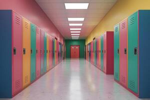 3D render of school corridor with colorful lockers, bright colors photo