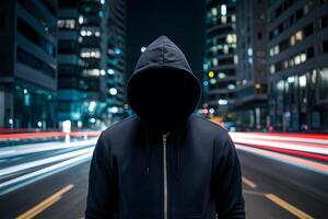 Faceless thief in hoodie standing at night in front of city photo