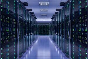 Futuristic infrastructure data center displays network servers in orderly row photo