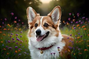 Artistic portrayal oil painting style rainbow corgi dog illustration photo