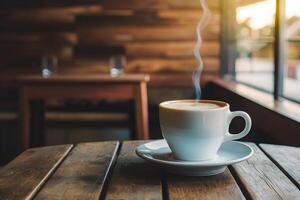 Cozy coffee shop scene hot drink on wooden table exudes warmth photo