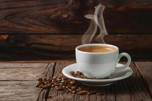 Coffee culture captured steaming cup on a rustic table photo