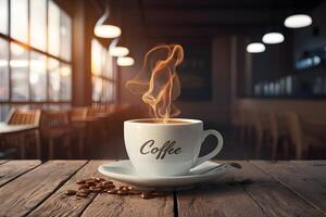 Cafe ambiance blank white coffee cup mockup with cafe background photo