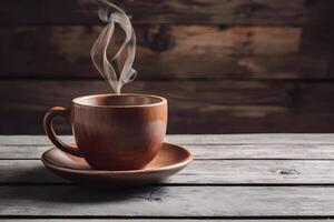 Rustic charm wooden coffee cup on table with steaming drink photo