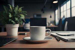 Cup with blank front realistic mockup on desk in modern office photo