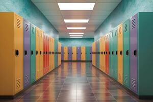 Row of colorful lockers in a school corridor, 3D rendering photo