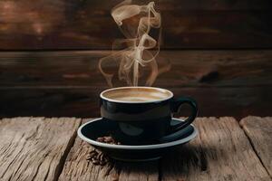 Coffee culture captured steaming cup on a rustic table photo