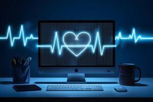 Glowing blue pulse trace on computer monitor symbolizes healthy heartbeat photo