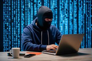 Hacker in mask typing on laptop, cyber attack concept photo