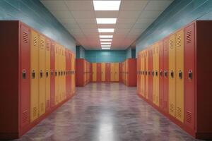 Row of lockers in a school corridor, 3D render photo