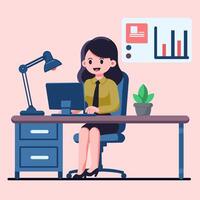 flat design illustration, female worker, in front of the computer, indoors in the office, vector