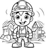 Black and White Cartoon Illustration of Kid Boy Construction Worker Character for Coloring Book vector