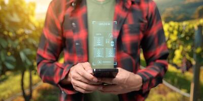 UI hologram agriculture and modern technology Farmer using smart farming technologies using AI photo