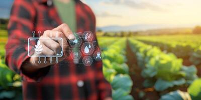 ui holograma agricultura y moderno tecnología granjero utilizando inteligente agricultura tecnologías utilizando ai foto