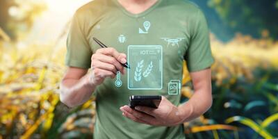 UI hologram agriculture and modern technology Farmer using smart farming technologies using AI photo