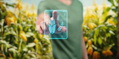 ui holograma agricultura y moderno tecnología granjero utilizando inteligente agricultura tecnologías utilizando ai foto