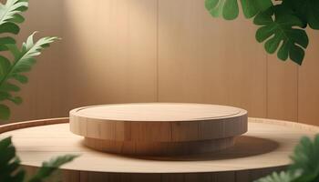 Round wooden 3d product podium, with background green leaf, 8k photo