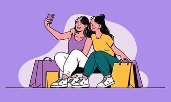 un limpiar y moderno plano diseño ilustración de dos muchachas sentado con algunos compras pantalones y tomando autofoto vector