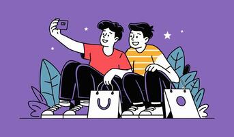 A clean and modern flat design illustration of two boy sitting with shopping bag and taking selfie. vector