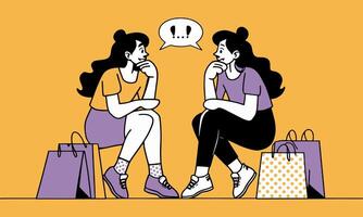 Two girl sitting with some shopping bags and gossiping. A clean and modern flat design illustration. vector