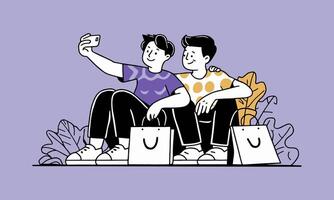 A clean and modern flat design illustration of two boy sitting with shopping bag and taking selfie. vector