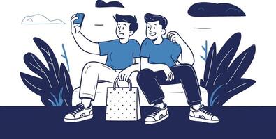 A clean and modern flat design illustration of two boys sitting with shopping bags and taking selfies. Blue and white color vector