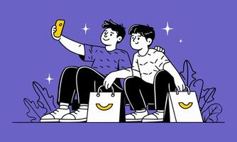 A clean and modern flat design illustration of two boy sitting with shopping bag and taking selfie. vector