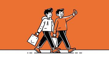 A clean and modern flat design illustration of two boys walking with shopping bags and taking selfie vector