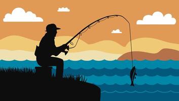 Fisherman fishing scene in flat retro style illustration. vector