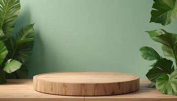 Round wooden 3d product podium, with background green leaf, 8k photo