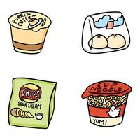 illustration of cute snacks, coffee, cup noodles, chips, bread vector