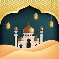 A mosque with a golden dome in the desert and Islamic patterns in the background vector