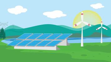 Renewable Energy Illustration with a Scenic Background. solar panel and windmill, perfect for projects focused on clean energy, environmental education, and sustainability campaigns. vector