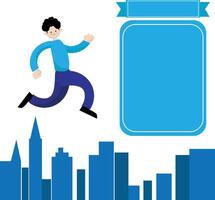 A person running on the rooftop of a tall building with space text label. vector