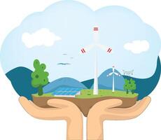 Comprehensive Environmental System Illustration. renewable energy sources like wind turbines and solar panels vector