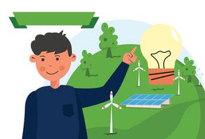 An illustration depicts a person pointing at a light bulb, symbolizing a bright idea or innovation. The background showcases various forms of renewable energy, including wind turbines and solar panels vector